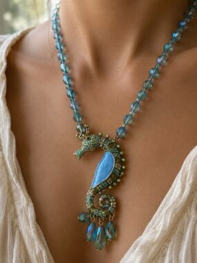 Blue Seahorse Crystal Necklace Coastal Beach Statement Pendant Jewelry